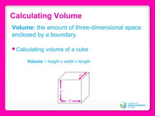 Calculating Volume
Volume: the amount of three-dimensional space
enclosed by a boundary.
Calculating volume of a cube
Volume = height x width x length
4”
4”
4”
 