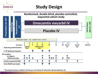 Study Design
Placebo IVPlacebo IV
0 72484Time (hrs)
M A N D A T O R Y I N - H O S P I T A L S T A YM A N D A T O R Y I N - H O S P I T A L S T A Y
Day 30
EOSLoading
Dose
Omecamtiv mecarbil IVOmecamtiv mecarbil IV
Month 6
* Randomisation within 24 hours of initial IV diuretic (Amendment 2)
Randomised, double-blind, placebo-controlled,
sequential cohort study
6 15 24 Day 6/
DC
Study drug administration
1⁰ EP dyspnoea response
PK sampling
all subjects
PK/PD sub-study
Echo (PK/PD sub-study)
Maintenance
Dose
96
Cardiac troponin/CK-MB
 