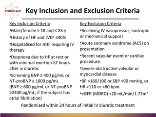 Key Inclusion and Exclusion Criteria
Key Inclusion Criteria
•Male/female ≥ 18 and ≤ 85 y
•History of HF and LVEF ≤40%
•Hospitalised for AHF requiring IV
therapy
•Dyspnoea due to HF at rest or
with minimal exertion ≥2 hours
after iv diuretic
•Screening BNP ≥ 400 pg/mL or
NT-proBNP ≥ 1600 pg/mL
(BNP ≥ 600 pg/mL or NT-proBNP
≥2400 pg/mL, if the subject has
atrial fibrillation)
Key Exclusion Criteria
•Receiving IV vasopressor, inotropic
or mechanical support
•Acute coronary syndrome (ACS) on
presentation
•Recent vascular event or cardiac
procedure
•Severe obstructive valvular or
myocardial disease
•BP >160/100 or SBP <90 mmHg, or
HR >110 or <60 bpm
•eGFR (MDRD) <20 mL/min/1.73m2
Randomised within 24 hours of initial IV diuretic treatment
 