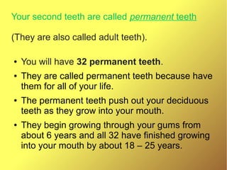 Your second teeth are called permanent teeth 
(They are also called adult teeth).
●
●

●

●

You will have 32 permanent teeth.
They are called permanent teeth because have
them for all of your life.
The permanent teeth push out your deciduous
teeth as they grow into your mouth.
They begin growing through your gums from
about 6 years and all 32 have finished growing
into your mouth by about 18 – 25 years.

 