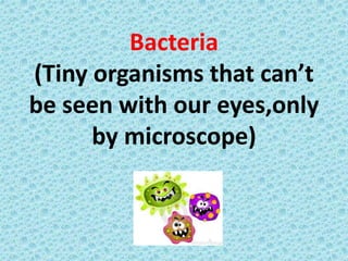 Bacteria
(Tiny organisms that can’t
be seen with our eyes,only
by microscope)
 
