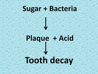 Sugar + Bacteria
Plaque + Acid
Tooth decay
 