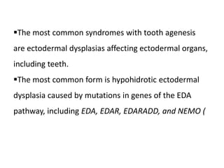The most common syndromes with tooth agenesis
are ectodermal dysplasias affecting ectodermal organs,
including teeth.
The most common form is hypohidrotic ectodermal
dysplasia caused by mutations in genes of the EDA
pathway, including EDA, EDAR, EDARADD, and NEMO (
 