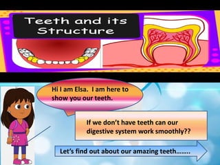 Hi I am Elsa. I am here to
show you our teeth.
If we don’t have teeth can our
digestive system work smoothly??
Let’s find out about our amazing teeth……..
 