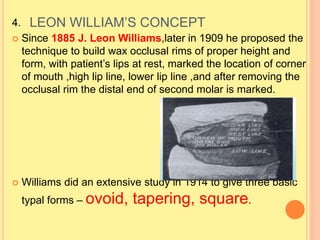 LEON WILLIAM’S CONCEPT
4.
 Since 1885 J. Leon Williams,later in 1909 he proposed the
technique to build wax occlusal rims of proper height and
form, with patient’s lips at rest, marked the location of corner
of mouth ,high lip line, lower lip line ,and after removing the
occlusal rim the distal end of second molar is marked.
 Williams did an extensive study in 1914 to give three basic
typal forms – ovoid, tapering, square.
 