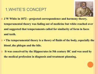 1.WHITE’S CONCEPT
 J W White in 1872 – projected correspondence and harmony theory,
temperamental theory was fading out of medicine but white reached over
and suggested that temperaments called for similarity of form in faces
and teeth.
 • The temperamental theory is a theory of fluids of the body, especially the
blood ,the phlegm and the bile.
 It was conceived by the Hippocrates in 5th century BC and was used by
the medical profession in diagnosis and treatment planning.
 