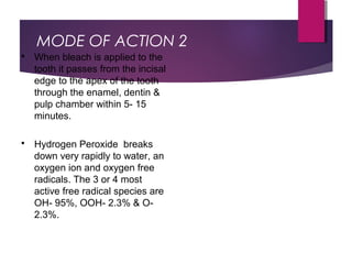 MODE OF ACTION 2
 When bleach is applied to the
tooth it passes from the incisal
edge to the apex of the tooth
through the enamel, dentin &
pulp chamber within 5- 15
minutes.
 Hydrogen Peroxide breaks
down very rapidly to water, an
oxygen ion and oxygen free
radicals. The 3 or 4 most
active free radical species are
OH- 95%, OOH- 2.3% & O-
2.3%.
 