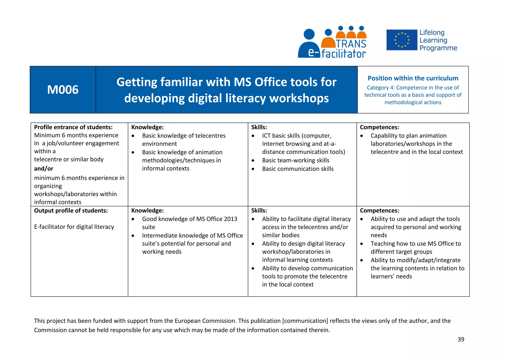 This project has been funded with support from the European Commission. This publication [communication] reflects the views only of the author, and the
Commission cannot be held responsible for any use which may be made of the information contained therein.
39
M006
Getting familiar with MS Office tools for
developing digital literacy workshops
Position within the curriculum
Category 4: Competence in the use of
technical tools as a basis and support of
methodological actions
Profile entrance of students:
Minimum 6 months experience
in a job/volunteer engagement
within a
telecentre or similar body
and/or
minimum 6 months experience in
organizing
workshops/laboratories within
informal contexts
Knowledge:
 Basic knowledge of telecentres
environment
 Basic knowledge of animation
methodologies/techniques in
informal contexts
Skills:
 ICT basic skills (computer,
Internet browsing and at-a-
distance communication tools)
 Basic team-working skills
 Basic communication skills
Competences:
 Capability to plan animation
laboratories/workshops in the
telecentre and in the local context
Output profile of students:
E-facilitator for digital literacy
Knowledge:
 Good knowledge of MS Office 2013
suite
 Intermediate knowledge of MS Office
suite’s potential for personal and
working needs
Skills:
 Ability to facilitate digital literacy
access in the telecentres and/or
similar bodies
 Ability to design digital literacy
workshop/laboratories in
informal learning contexts
 Ability to develop communication
tools to promote the telecentre
in the local context
Competences:
 Ability to use and adapt the tools
acquired to personal and working
needs
 Teaching how to use MS Office to
different target groups
 Ability to modify/adapt/integrate
the learning contents in relation to
learners’ needs
 