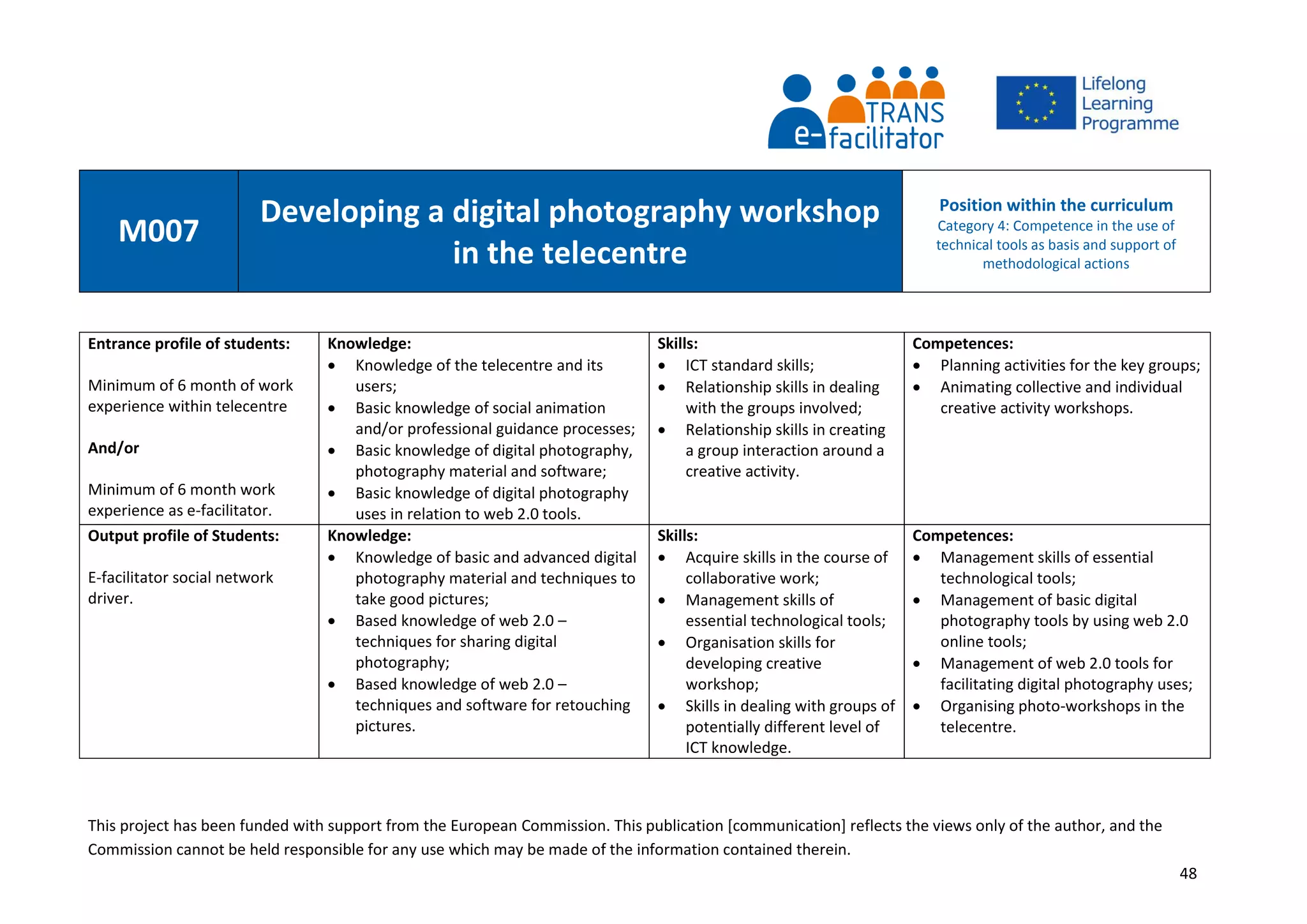 This project has been funded with support from the European Commission. This publication [communication] reflects the views only of the author, and the
Commission cannot be held responsible for any use which may be made of the information contained therein.
48
M007
Developing a digital photography workshop
in the telecentre
Position within the curriculum
Category 4: Competence in the use of
technical tools as basis and support of
methodological actions
Entrance profile of students:
Minimum of 6 month of work
experience within telecentre
And/or
Minimum of 6 month work
experience as e-facilitator.
Knowledge:
 Knowledge of the telecentre and its
users;
 Basic knowledge of social animation
and/or professional guidance processes;
 Basic knowledge of digital photography,
photography material and software;
 Basic knowledge of digital photography
uses in relation to web 2.0 tools.
Skills:
 ICT standard skills;
 Relationship skills in dealing
with the groups involved;
 Relationship skills in creating
a group interaction around a
creative activity.
Competences:
 Planning activities for the key groups;
 Animating collective and individual
creative activity workshops.
Output profile of Students:
E-facilitator social network
driver.
Knowledge:
 Knowledge of basic and advanced digital
photography material and techniques to
take good pictures;
 Based knowledge of web 2.0 –
techniques for sharing digital
photography;
 Based knowledge of web 2.0 –
techniques and software for retouching
pictures.
Skills:
 Acquire skills in the course of
collaborative work;
 Management skills of
essential technological tools;
 Organisation skills for
developing creative
workshop;
 Skills in dealing with groups of
potentially different level of
ICT knowledge.
Competences:
 Management skills of essential
technological tools;
 Management of basic digital
photography tools by using web 2.0
online tools;
 Management of web 2.0 tools for
facilitating digital photography uses;
 Organising photo-workshops in the
telecentre.
 