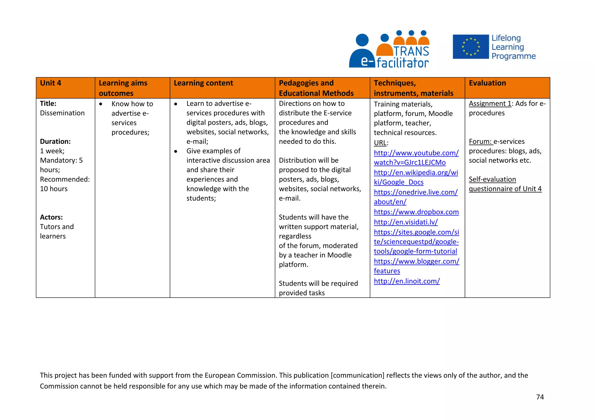 This project has been funded with support from the European Commission. This publication [communication] reflects the views only of the author, and the
Commission cannot be held responsible for any use which may be made of the information contained therein.
74
Unit 4 Learning aims
outcomes
Learning content Pedagogies and
Educational Methods
Techniques,
instruments, materials
Evaluation
Title:
Dissemination
Duration:
1 week;
Mandatory: 5
hours;
Recommended:
10 hours
Actors:
Tutors and
learners
 Know how to
advertise e-
services
procedures;
 Learn to advertise e-
services procedures with
digital posters, ads, blogs,
websites, social networks,
e-mail;
 Give examples of
interactive discussion area
and share their
experiences and
knowledge with the
students;
Directions on how to
distribute the E-service
procedures and
the knowledge and skills
needed to do this.
Distribution will be
proposed to the digital
posters, ads, blogs,
websites, social networks,
e-mail.
Students will have the
written support material,
regardless
of the forum, moderated
by a teacher in Moodle
platform.
Students will be required
provided tasks
Training materials,
platform, forum, Moodle
platform, teacher,
technical resources.
URL:
http://www.youtube.com/
watch?v=GJrc1LEJCMo
http://en.wikipedia.org/wi
ki/Google_Docs
https://onedrive.live.com/
about/en/
https://www.dropbox.com
http://en.visidati.lv/
https://sites.google.com/si
te/sciencequestpd/google-
tools/google-form-tutorial
https://www.blogger.com/
features
http://en.linoit.com/
Assignment 1: Ads for e-
procedures
Forum: e-services
procedures: blogs, ads,
social networks etc.
Self-evaluation
questionnaire of Unit 4
 