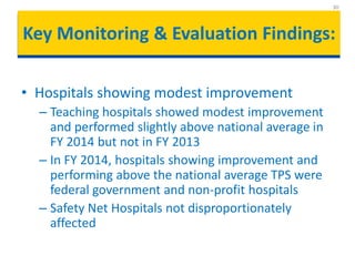 Key Monitoring & Evaluation Findings:
• Hospitals showing modest improvement
– Teaching hospitals showed modest improvement
and performed slightly above national average in
FY 2014 but not in FY 2013
– In FY 2014, hospitals showing improvement and
performing above the national average TPS were
federal government and non-profit hospitals
– Safety Net Hospitals not disproportionately
affected
30
 