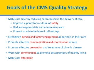 Goals of the CMS Quality Strategy
• Make care safer by reducing harm caused in the delivery of care
– Improve support for a culture of safety
– Reduce inappropriate and unnecessary care
– Prevent or minimize harm in all settings
• Strengthen person and family engagement as partners in their care
• Promote effective communication and coordination of care
• Promote effective prevention and treatment of chronic disease
• Work with communities to promote best practices of healthy living
• Make care affordable
4
 