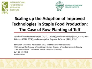ETHIOPIAN DEVELOPMENT
RESEARCH INSTITUTE
Scaling up the Adoption of Improved
Technologies in Staple Food Production:
The Case of Row Planting of Teff
Joachim Vandercasteelen (LICOS, KU Leuven); Mekdim Dereje (EDRI, ESSP); Bart
Minten (IFPRI, ESSP); and Alemayehu Seyoum Taffesse (IFPRI, ESSP)
Ethiopian Economics Association (EEA) and the Econometric Society
19th Annual Conference of the African Region Chapter of the Econometric Society
12th International Conference on the Ethiopian Economy
July 16-19, 2014
Addis Ababa
1
 