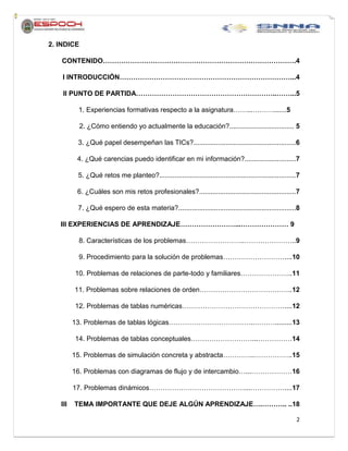 2
2. INDICE
CONTENIDO………………………………………………………………………….4
I INTRODUCCIÓN…………………………………………………………………...4
II PUNTO DE PARTIDA……………………………………………………..……...5
1. Experiencias formativas respecto a la asignatura……...……….......5
2. ¿Cómo entiendo yo actualmente la educación?.................................. 5
3. ¿Qué papel desempeñan las TICs?......................................................6
4. ¿Qué carencias puedo identificar en mi información?...........................7
5. ¿Qué retos me planteo?........................................................................7
6. ¿Cuáles son mis retos profesionales?...................................................7
7. ¿Qué espero de esta materia?..............................................................8
III EXPERIENCIAS DE APRENDIZAJE……………………...………………… 9
8. Características de los problemas……………………..…………………..9
9. Procedimiento para la solución de problemas………………………....10
10. Problemas de relaciones de parte-todo y familiares…………………..11
11. Problemas sobre relaciones de orden…………………………………..12
12. Problemas de tablas numéricas………………………………………....12
13. Problemas de tablas lógicas………………………………..……….........13
14. Problemas de tablas conceptuales………………………...……………14
15. Problemas de simulación concreta y abstracta…………..……………..15
16. Problemas con diagramas de flujo y de intercambio…...………………16
17. Problemas dinámicos……………………………………...……………....17
III TEMA IMPORTANTE QUE DEJE ALGÚN APRENDIZAJE….……….. ..18
 