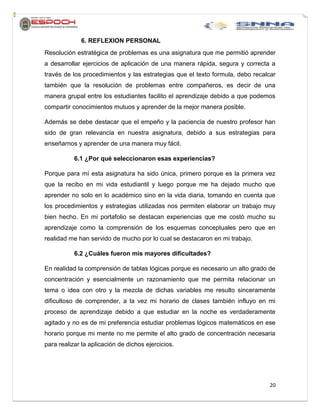20
6. REFLEXION PERSONAL
Resolución estratégica de problemas es una asignatura que me permitió aprender
a desarrollar ejercicios de aplicación de una manera rápida, segura y correcta a
través de los procedimientos y las estrategias que el texto formula, debo recalcar
también que la resolución de problemas entre compañeros, es decir de una
manera grupal entre los estudiantes facilito el aprendizaje debido a que podemos
compartir conocimientos mutuos y aprender de la mejor manera posible.
Además se debe destacar que el empeño y la paciencia de nuestro profesor han
sido de gran relevancia en nuestra asignatura, debido a sus estrategias para
enseñarnos y aprender de una manera muy fácil.
6.1 ¿Por qué seleccionaron esas experiencias?
Porque para mí esta asignatura ha sido única, primero porque es la primera vez
que la recibo en mi vida estudiantil y luego porque me ha dejado mucho que
aprender no solo en lo académico sino en la vida diaria, tomando en cuenta que
los procedimientos y estrategias utilizadas nos permiten elaborar un trabajo muy
bien hecho. En mi portafolio se destacan experiencias que me costó mucho su
aprendizaje como la comprensión de los esquemas conceptuales pero que en
realidad me han servido de mucho por lo cual se destacaron en mi trabajo.
6.2 ¿Cuáles fueron mis mayores dificultades?
En realidad la comprensión de tablas lógicas porque es necesario un alto grado de
concentración y esencialmente un razonamiento que me permita relacionar un
tema o idea con otro y la mezcla de dichas variables me resulto sinceramente
dificultoso de comprender, a la vez mi horario de clases también influyo en mi
proceso de aprendizaje debido a que estudiar en la noche es verdaderamente
agitado y no es de mi preferencia estudiar problemas lógicos matemáticos en ese
horario porque mi mente no me permite el alto grado de concentración necesaria
para realizar la aplicación de dichos ejercicios.
 