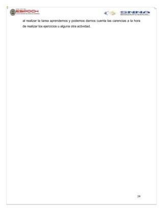 24
al realizar la tarea aprendemos y podemos darnos cuenta las carencias a la hora
de realizar los ejercicios u alguna otra actividad.
 