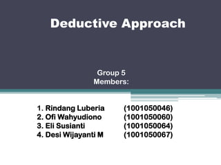 Deductive Approach


                Group 5
               Members:


1. Rindang Luberia    (1001050046)
2. Ofi Wahyudiono     (1001050060)
3. Eli Susianti       (1001050064)
4. Desi Wijayanti M   (1001050067)
 