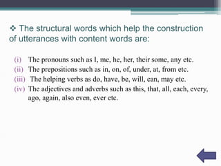  The structural words which help the construction 
of utterances with content words are: 
(i) The pronouns such as I, me, he, her, their some, any etc. 
(ii) The prepositions such as in, on, of, under, at, from etc. 
(iii) The helping verbs as do, have, be, will, can, may etc. 
(iv) The adjectives and adverbs such as this, that, all, each, every, 
ago, again, also even, ever etc. 
 