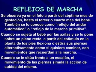 REFLEJOS DE MARCHA
Se observa ya en el feto a partir del séptimo mes de
  gestación, hasta el tercer o cuarto mes del bebé.
  También se lo conoce como “reflejo del andar
  automático” o “reflejo de la marcha primitiva”.
Cuando se sujeta al bebé por las axilas y se lo pone
  sobre un plano recto, a partir del estímulo en la
  planta de los pies flexiona o estira sus piernas
  alternativamente como si quisiera caminar, con
  movimientos que recuerdan a la marcha.
Cuando se le sitúa frente a un escalón, el
  movimiento de las piernas simula la acción de
  subida del mismo.
 