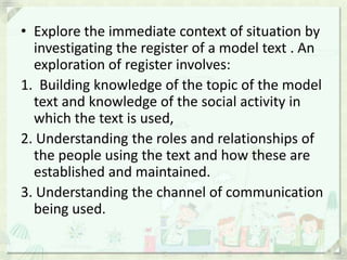 • Explore the immediate context of situation by
  investigating the register of a model text . An
  exploration of register involves:
1. Building knowledge of the topic of the model
  text and knowledge of the social activity in
  which the text is used,
2. Understanding the roles and relationships of
  the people using the text and how these are
  established and maintained.
3. Understanding the channel of communication
  being used.
 