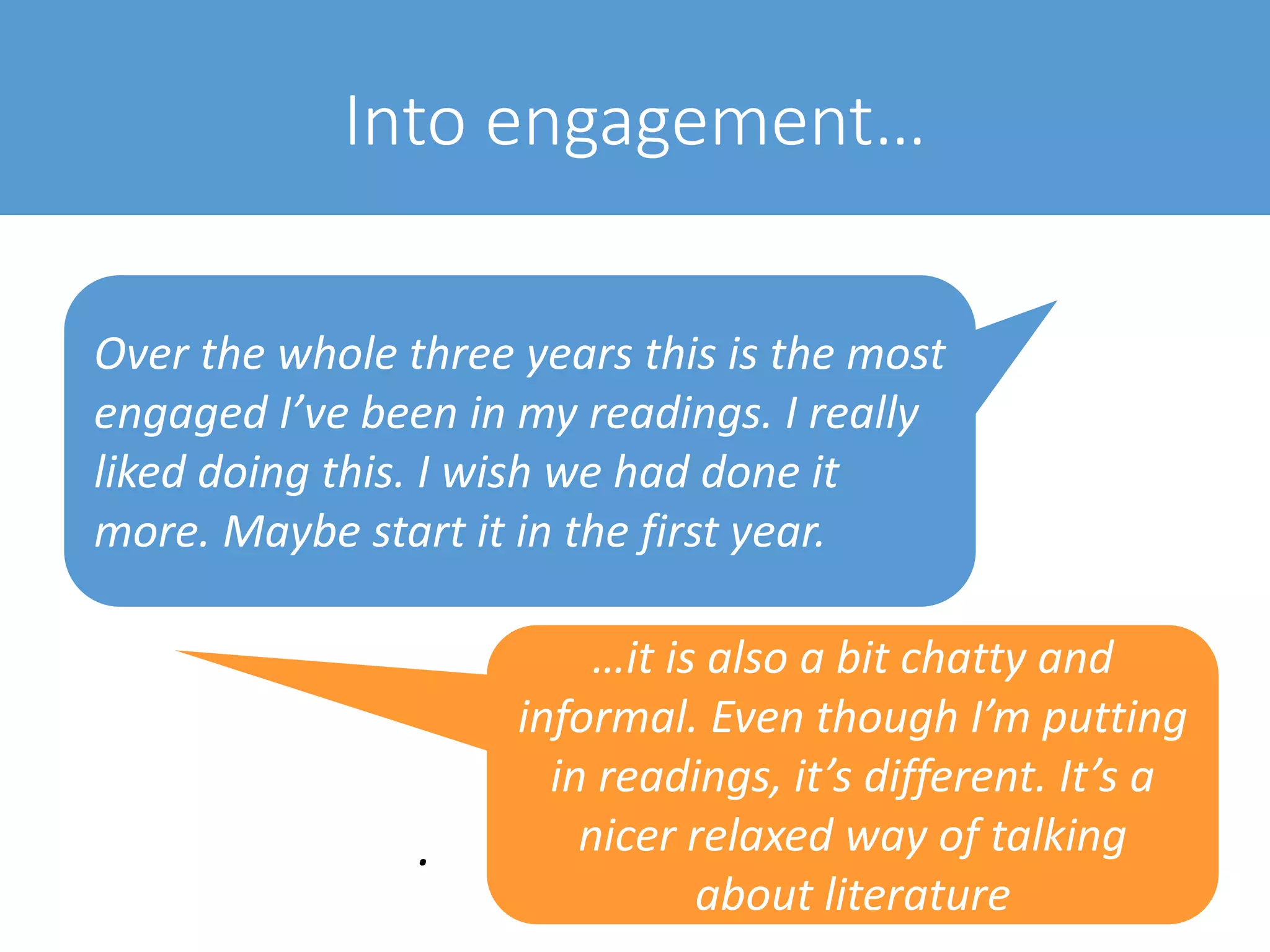 Into engagement…
Over the whole three years this is the most
engaged I’ve been in my readings. I really
liked doing this. I wish we had done it
more. Maybe start it in the first year.
.
…it is also a bit chatty and
informal. Even though I’m putting
in readings, it’s different. It’s a
nicer relaxed way of talking
about literature
 