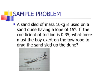 SAMPLE PROBLEM  A sand sled of mass 10kg is used on a sand dune having a lope of 15 °. If the coefficient of friction is 0.35, what force must the boy exert on the tow rope to drag the sand sled up the dune? 