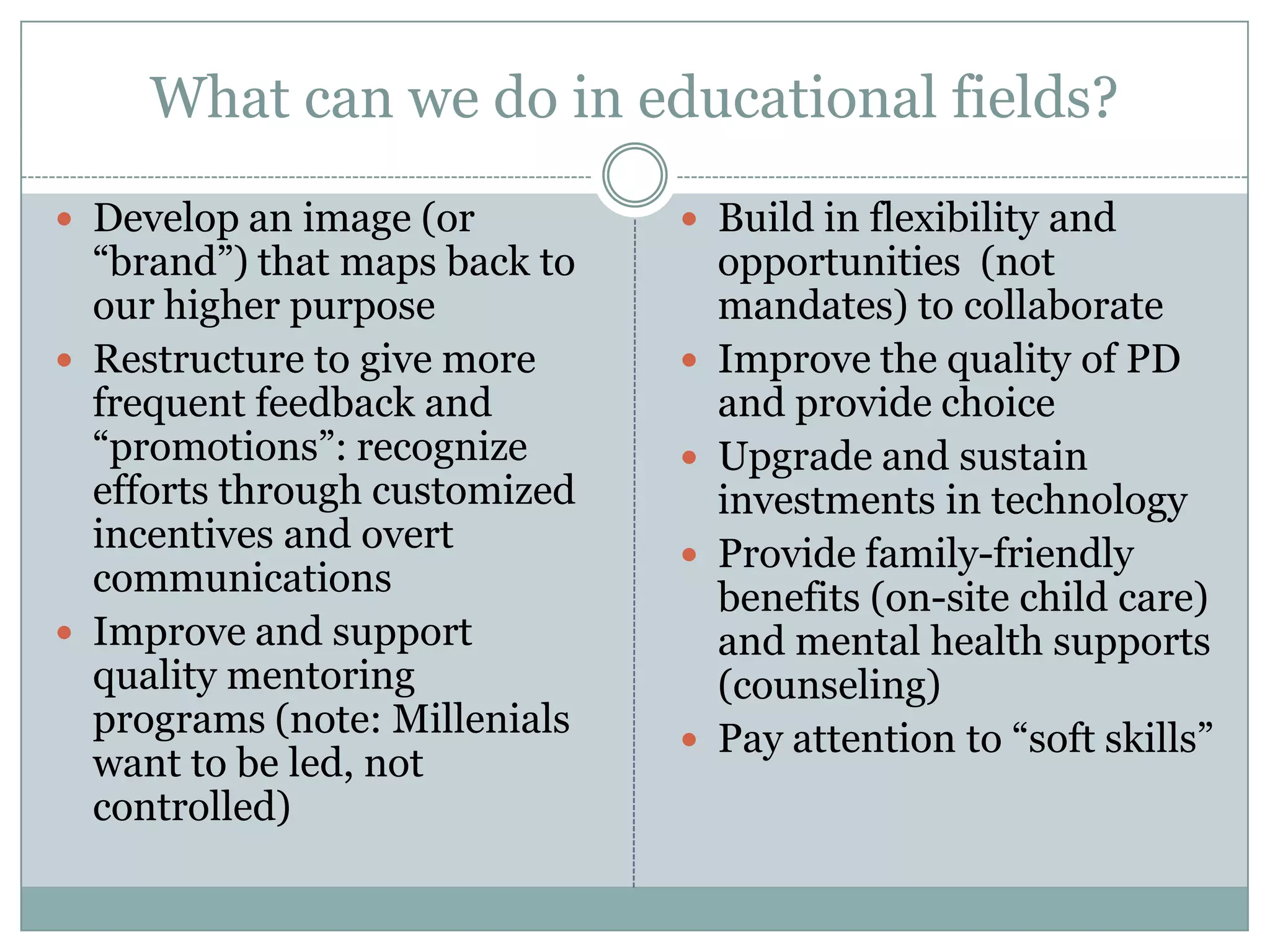 What can we do in educational fields?
 Develop an image (or
―brand‖) that maps back to
our higher purpose
 Restructure to give more
frequent feedback and
―promotions‖: recognize
efforts through customized
incentives and overt
communications
 Improve and support
quality mentoring
programs (note: Millenials
want to be led, not
controlled)
 Build in flexibility and
opportunities (not
mandates) to collaborate
 Improve the quality of PD
and provide choice
 Upgrade and sustain
investments in technology
 Provide family-friendly
benefits (on-site child care)
and mental health supports
(counseling)
 Pay attention to ―soft skills‖
 