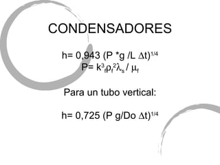 CONDENSADORES h= 0,943 (P *g /L   t) 1/4 P= k 3 f  f 2  s  /   f Para un tubo vertical: h= 0,725 (P g/Do   t) 1/4 