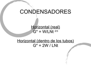 CONDENSADORES Horizontal (real) G* = W/LNt  2/3 Horizontal (dentro de los tubos) G* = 2W / LNt 