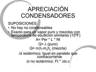 APRECIACI ÓN CONDENSADORES SUPOSICIONES No hay no condensables Exacto para un vapor puro y mezclas con temperatura de ebullici ón similares (15ºF) A= Per * L * Nt Q=   (puro) Q= m i h i -m e h e  (mezcla)  t isot érmico: Igual en paralelo que contracorriente  t no isot érmico: Ft *   tc.c 