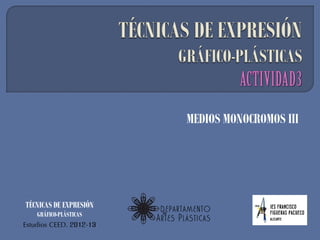 MEDIOS MONOCROMOS III




TÉCNICAS DE EXPRESIÓN
    GRÁFICO-PLÁSTICAS
Estudios CEED. 2012-13
 