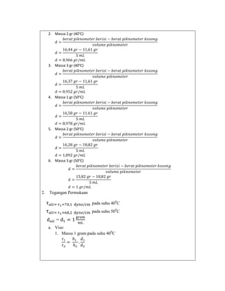 2. Massa 2 gr (40ºC)

3. Massa 3 gr (40ºC)

4. Massa 1 gr (50ºC)

5. Massa 2 gr (50ºC)

6. Massa 3 gr (50ºC)

2.

Tegangan Permukaan
pada suhu 400C
pada suhu 500C

=
a. Viso
1. Massa 1 gram pada suhu 400C

 