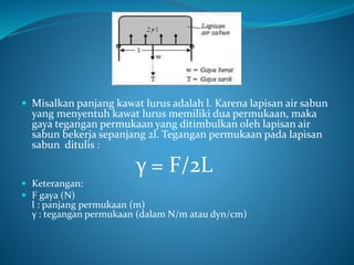  Misalkan panjang kawat lurus adalah l. Karena lapisan air sabun
yang menyentuh kawat lurus memiliki dua permukaan, maka
gaya tegangan permukaan yang ditimbulkan oleh lapisan air
sabun bekerja sepanjang 2l. Tegangan permukaan pada lapisan
sabun ditulis :
γ = F/2L
 Keterangan:
 F gaya (N)
l : panjang permukaan (m)
γ : tegangan permukaan (dalam N/m atau dyn/cm)
 