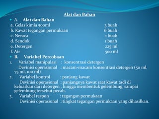 Alat dan Bahan
 A. Alat dan Bahan
a. Gelas kimia 500ml 3 buah
b. Kawat tegangan permukaan 6 buah
c. Neraca 1 buah
d. Sendok 1 buah
e. Detergen 225 ml
f. Air 500 ml
 B. Variabel Percobaan
1. Variabel manipulasi : konsentrasi detergen
Devinisi operasional : macam-macam konsentrasi detergen (50 ml,
75 ml, 100 ml)
2. Variabel kontrol : panjang kawat
Devinisi operasional : panjangnya kawat saat kawat tadi di
keluarkan dari detergen , hingga membentuk gelembung, sampai
gelembung tersebut pecah.
3. Variabel respon : tegangan permukaan
Devinisi operasional : tingkat tegangan permukaan yang dihasilkan.
 