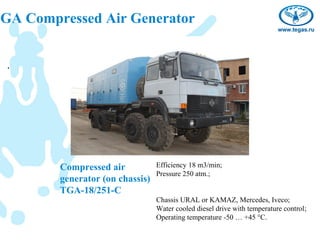 TGA Compressed Air Generator


  .




         Compressed air           Efficiency 18 m3/min;
                                  Pressure 250 atm.;
         generator (on chassis)
         TGA-18/251-C
                                  Chassis URAL or KAMAZ, Mercedes, Iveco;
                                  Water cooled diesel drive with temperature control;
                                  Operating temperature -50 … +45 °С.
 