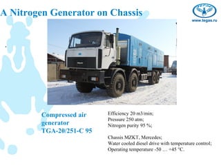 GA Nitrogen Generator on Chassis


  .




          Compressed air    Efficiency 20 m3/min;
                            Pressure 250 atm;
          generator         Nitrogen purity 95 %;
          TGA-20/251-C 95
                            Chassis MZKT, Mercedes;
                            Water cooled diesel drive with temperature control;
                            Operating temperature -50 … +45 °С.
 