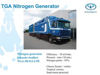TGA Nitrogen Generator




      Nitrogen generator   Efficiency – 30 m3/min;
      (chassis+trailer)    Pressure - max 110 atm.;
      TGA-30/111-С95       Nitrogen purity - 95%;

                           Chassis Scania + trailer;
                           Tropical version;
                           Sand-storm protected
 