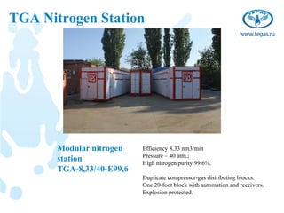 TGA Nitrogen Station




       Modular nitrogen    Efficiency 8,33 nm3/min
                           Pressure – 40 atm.;
       station             High nitrogen purity 99,6%.
       TGA-8,33/40-E99,6
                           Duplicate compressor-gas distributing blocks.
                           One 20-foot block with automation and receivers.
                           Explosion protected.
 