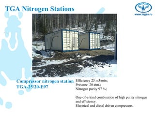 TGA Nitrogen Stations


.




       Compressor nitrogen station   Efficiency 25 m3/min;
                                     Pressure 20 atm.;
       TGA-25/20-E97                 Nitrogen purity 97 %;

                                     One-of-a-kind combination of high purity nitrogen
                                     and efficiency.
                                     Electrical and diesel driven compressors.
 
