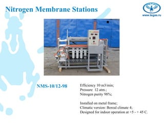 Nitrogen Membrane Stations




        NMS-10/12-98   Efficiency 10 m3/min;
                       Pressure 12 atm.;
                       Nitrogen purity 98%;

                       Installed on metal frame;
                       Climatic version: Boreal climate 4;
                       Designed for indoor operation at +5 - + 45 С.
 