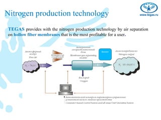 Nitrogen production technology
TEGAS provides with the nitrogen production technology by air separation
on hollow fiber membranes that is the most profitable for a user.


                                                Booster
 
