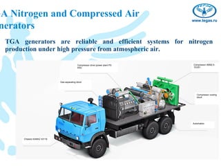 GA Nitrogen and Compressed Air
 nerators
  TGA generators are reliable and efficient systems for nitrogen
  production under high pressure from atmospheric air.

                                             Compressor drive (power plant PD   Compressor 4BM2,5-
                                             450)                               10/251




                             Gas-separating block




                                                                                   Compressor cooling
                                                                                   block




                                                                                Automation




       Chassis KAMAZ 43118
 