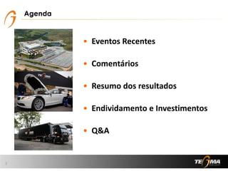 • Eventos Recentes
• Comentários
• Resumo dos resultados
• Endividamento e Investimentos
• Q&A
2
Agenda
 