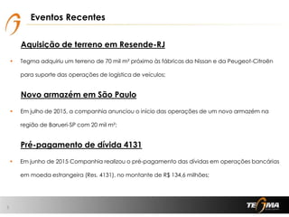Eventos Recentes
Aquisição de terreno em Resende-RJ
• Tegma adquiriu um terreno de 70 mil m² próximo às fábricas da Nissan e da Peugeot-Citroën
para suporte das operações de logística de veículos;
Novo armazém em São Paulo
• Em julho de 2015, a companhia anunciou o início das operações de um novo armazém na
região de Barueri-SP com 20 mil m²;
3
Pré-pagamento de dívida 4131
• Em junho de 2015 Companhia realizou o pré-pagamento das dívidas em operações bancárias
em moeda estrangeira (Res. 4131), no montante de R$ 134,6 milhões;
 