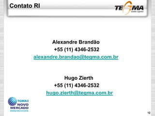 Contato RI
Alexandre Brandão
+55 (11) 4346-2532
alexandre.brandao@tegma.com.br
Hugo Zierth
+55 (11) 4346-2532
hugo.zierth@tegma.com.br
12
 