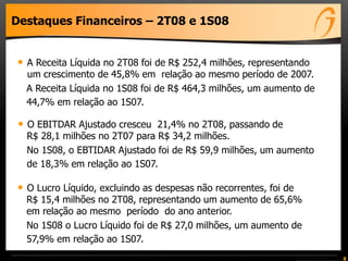 8
Destaques Financeiros – 2T08 e 1S08
• A Receita Líquida no 2T08 foi de R$ 252,4 milhões, representando
um crescimento de 45,8% em relação ao mesmo período de 2007.
A Receita Líquida no 1S08 foi de R$ 464,3 milhões, um aumento de
44,7% em relação ao 1S07.
• O EBITDAR Ajustado cresceu 21,4% no 2T08, passando de
R$ 28,1 milhões no 2T07 para R$ 34,2 milhões.
No 1S08, o EBTIDAR Ajustado foi de R$ 59,9 milhões, um aumento
de 18,3% em relação ao 1S07.
• O Lucro Líquido, excluindo as despesas não recorrentes, foi de
R$ 15,4 milhões no 2T08, representando um aumento de 65,6%
em relação ao mesmo período do ano anterior.
No 1S08 o Lucro Líquido foi de R$ 27,0 milhões, um aumento de
57,9% em relação ao 1S07.
 