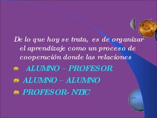 De lo que hoy se trata,  es de organizar el aprendizaje como un proceso de cooperación donde las relaciones A LUMNO – PROFESOR ALUMNO – ALUMNO PROFESOR- NTIC 