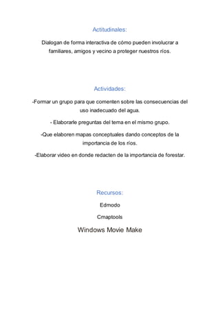 Actitudinales:
Dialogan de forma interactiva de cómo pueden involucrar a
familiares, amigos y vecino a proteger nuestros ríos.
Actividades:
-Formar un grupo para que comenten sobre las consecuencias del
uso inadecuado del agua.
- Elaborarle preguntas del tema en el mismo grupo.
-Que elaboren mapas conceptuales dando conceptos de la
importancia de los ríos.
-Elaborar video en donde redacten de la importancia de forestar.
Recursos:
Edmodo
Cmaptools
Windows Movie Make
 