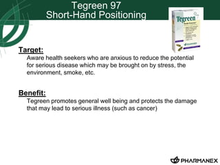 Tegreen 97 
Short-Hand Positioning 
Target: 
Aware health seekers who are anxious to reduce the potential 
for serious disease which may be brought on by stress, the 
environment, smoke, etc. 
Benefit: 
Tegreen promotes general well being and protects the damage 
that may lead to serious illness (such as cancer) 
 