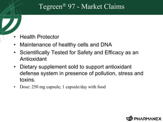 Tegreen® 97 - Market Claims 
• Health Protector 
• Maintenance of healthy cells and DNA 
• Scientifically Tested for Safety and Efficacy as an 
Antioxidant 
• Dietary supplement sold to support antioxidant 
defense system in presence of pollution, stress and 
toxins. 
• Dose: 250 mg capsule; 1 capsule/day with food 
 